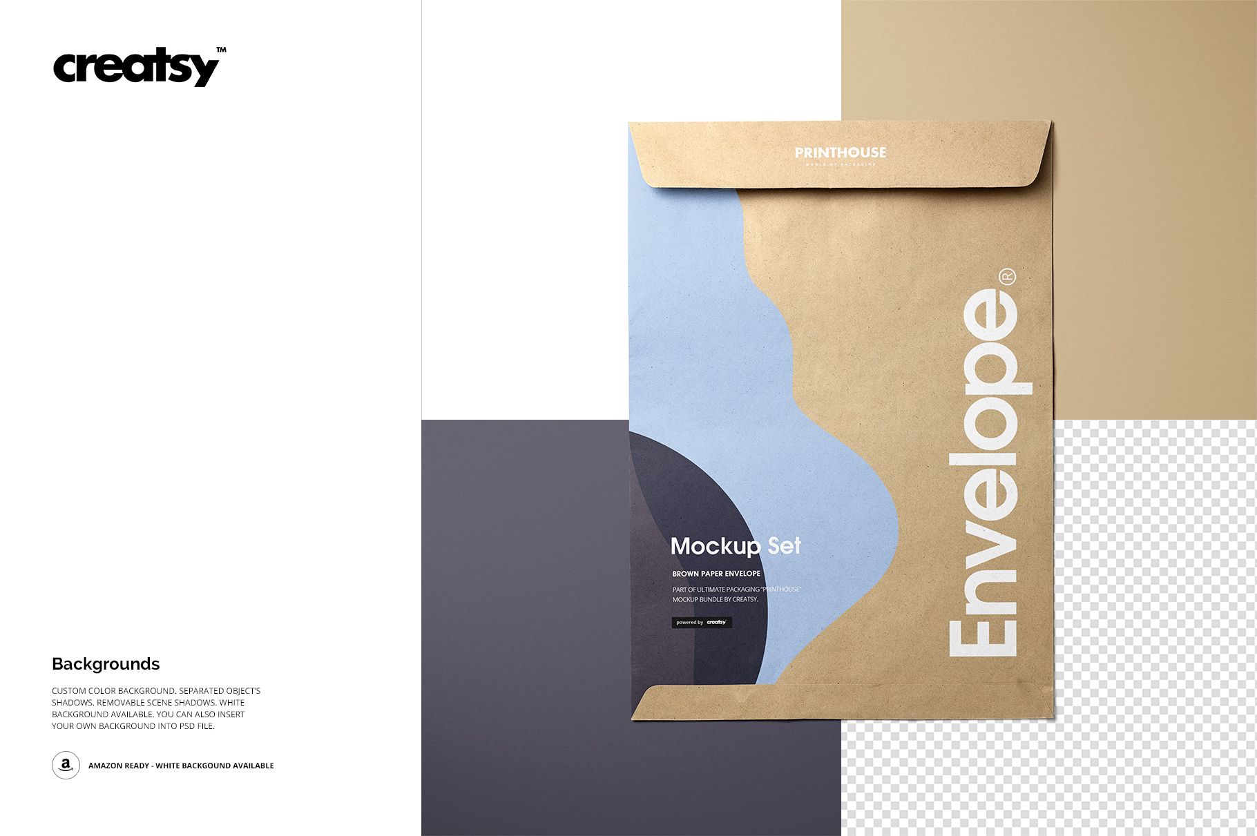 Front view of a brown paper envelope mockup with a blue and gray abstract design, shown on a multi-color background.