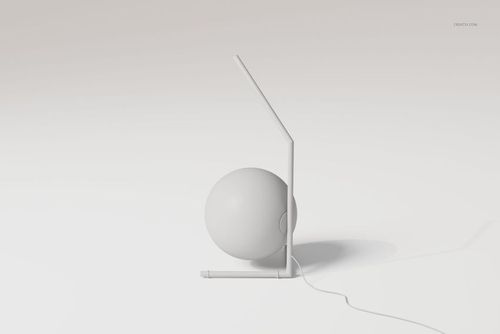 Minimalist globe accent lamp with spherical base and angled stem, shown in a side view on a white surface.