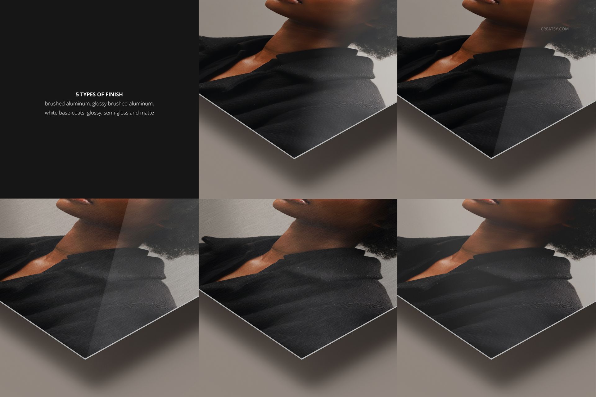 Close-up view of aluminum print mockup set with sharp corners, featuring five different finishes in a grid layout.