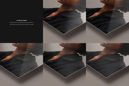 Close-up view of aluminum print mockup set with sharp corners, featuring five different finishes in a grid layout.