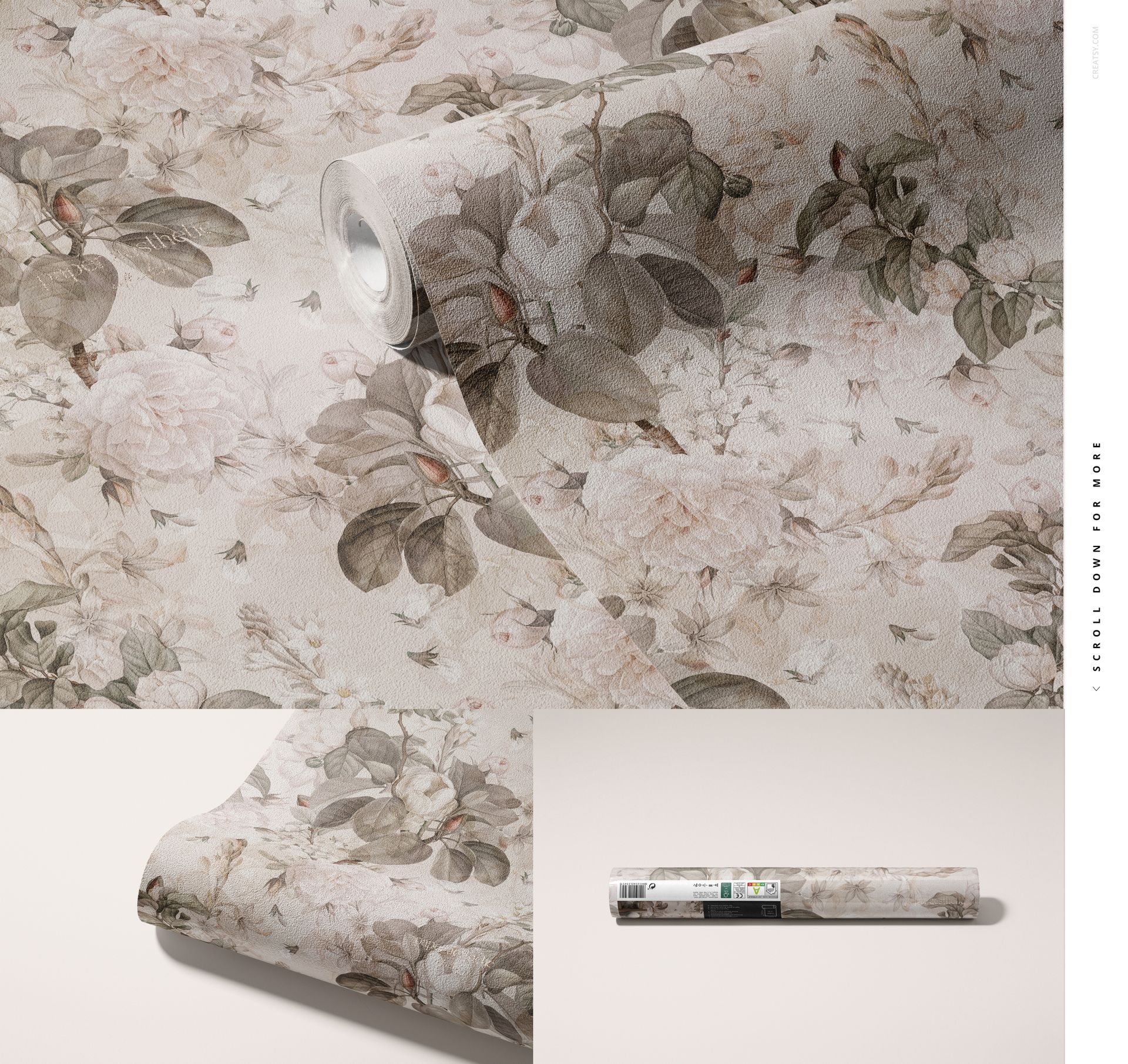 Non-woven vinyl wallpaper mockup featuring a detailed floral design in pastel colors, displayed from a top angle.
