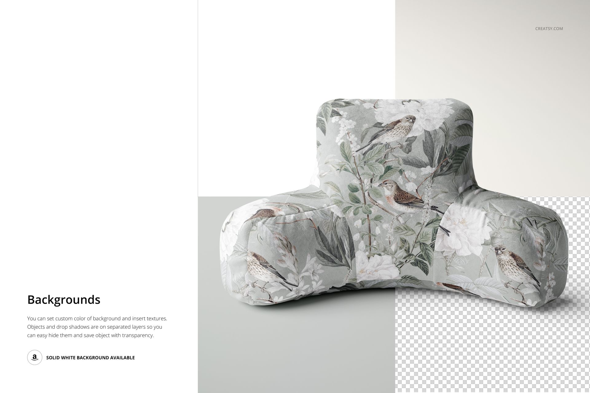 Mockup of a reading pillow featuring a botanical and bird design, displayed on a partially transparent and white backdrop.