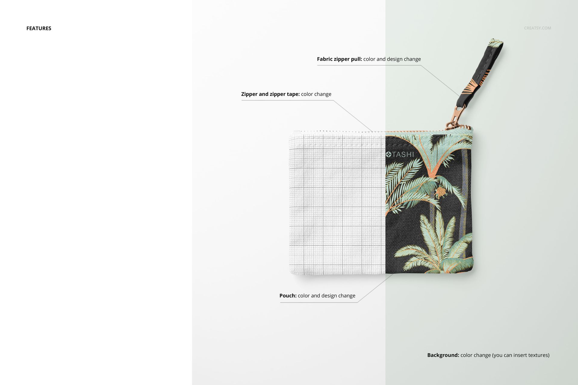 Flat canvas pouch with fabric zipper pull shown from a top view, half with grid overlay and half with tropical leaf pattern.