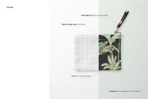 Flat canvas pouch with fabric zipper pull shown from a top view, half with grid overlay and half with tropical leaf pattern.