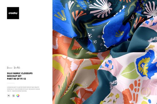 Detailed view of silk fabric mockup displaying colorful botanical designs and soft folds in various pastel and bold colors.