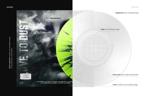 Front view of a vinyl record and cover mockup, featuring a splatter effect in neon green and black on the record.