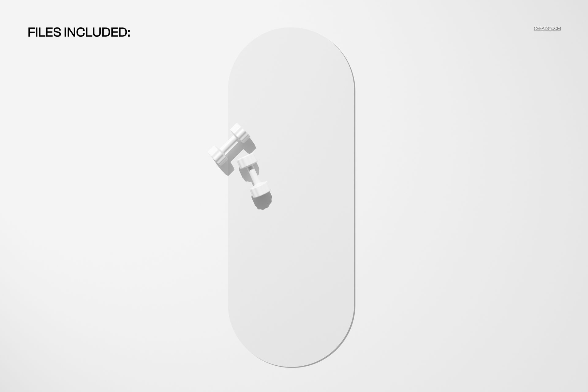 Top view of a flat oval yoga mat mockup in white, placed on a plain background with two white dumbbells.