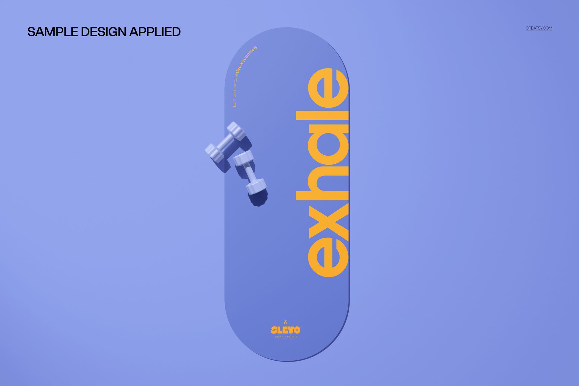 Flat vertical oval yoga mat mockup with bold yellow text on a blue surface, shown from a top view with dumbbells.