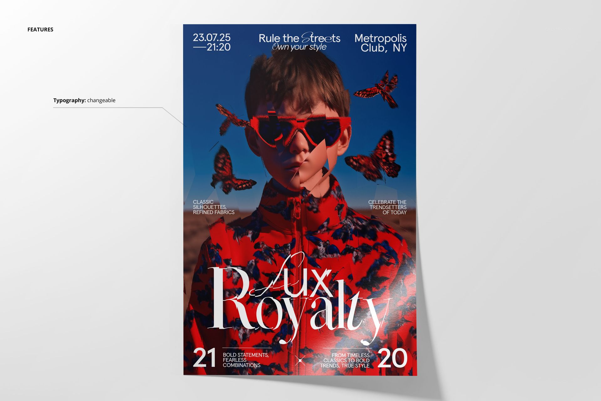 Poster mockup displaying vibrant red butterflies and abstract shapes with white typography on a deep blue backdrop.