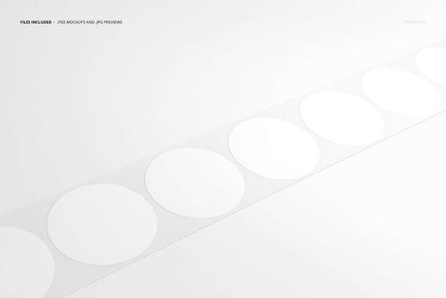 Set of blank round stickers on a clear tape strip, shown diagonally on a plain white background in a PSD mockup.