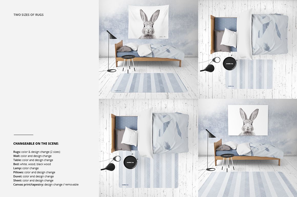 Mockup of a kids room featuring a striped round corners rug, wooden bed with blue bedding, and animal canvas print.