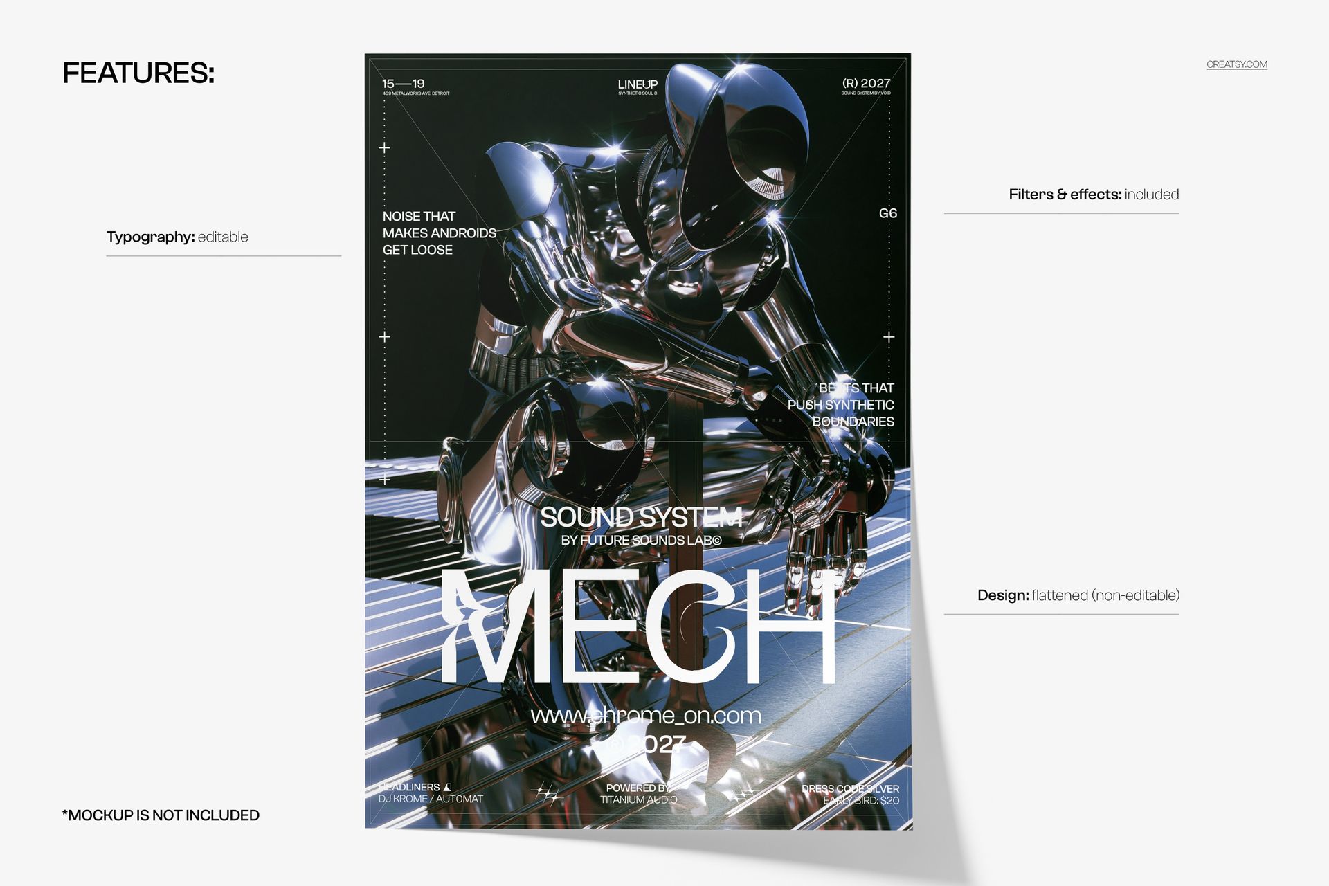 PSD mockup of a poster showing a chrome-like robot sculpture with reflective surfaces and modern text elements.