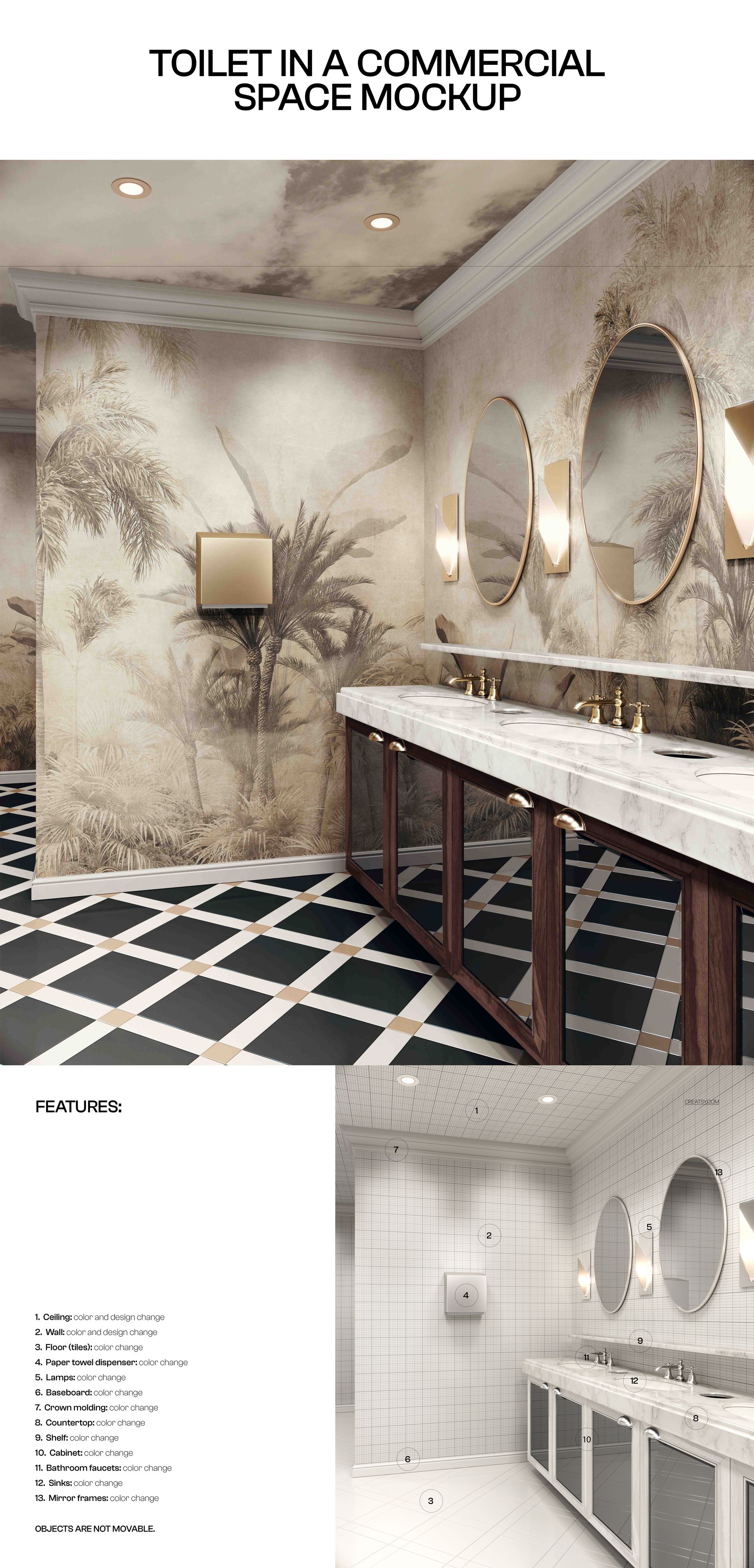 Commercial restroom mockup featuring tropical wallpaper, round mirrors, marble countertop, and geometric floor tiles.
