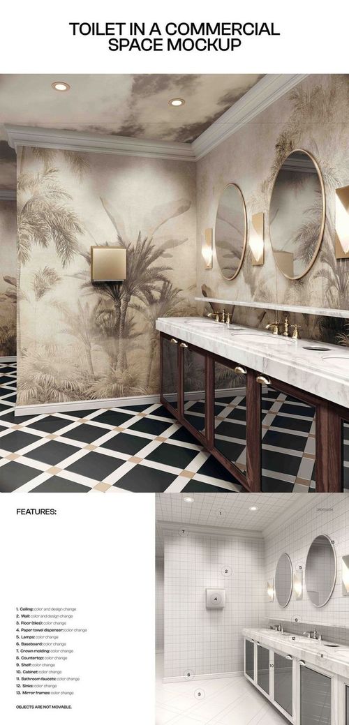 Commercial restroom mockup featuring tropical wallpaper, round mirrors, marble countertop, and geometric floor tiles.