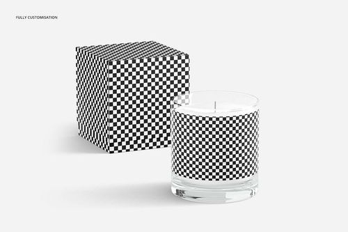 Scented candle mockup featuring a clear glass container and checkered design, placed beside a patterned box.