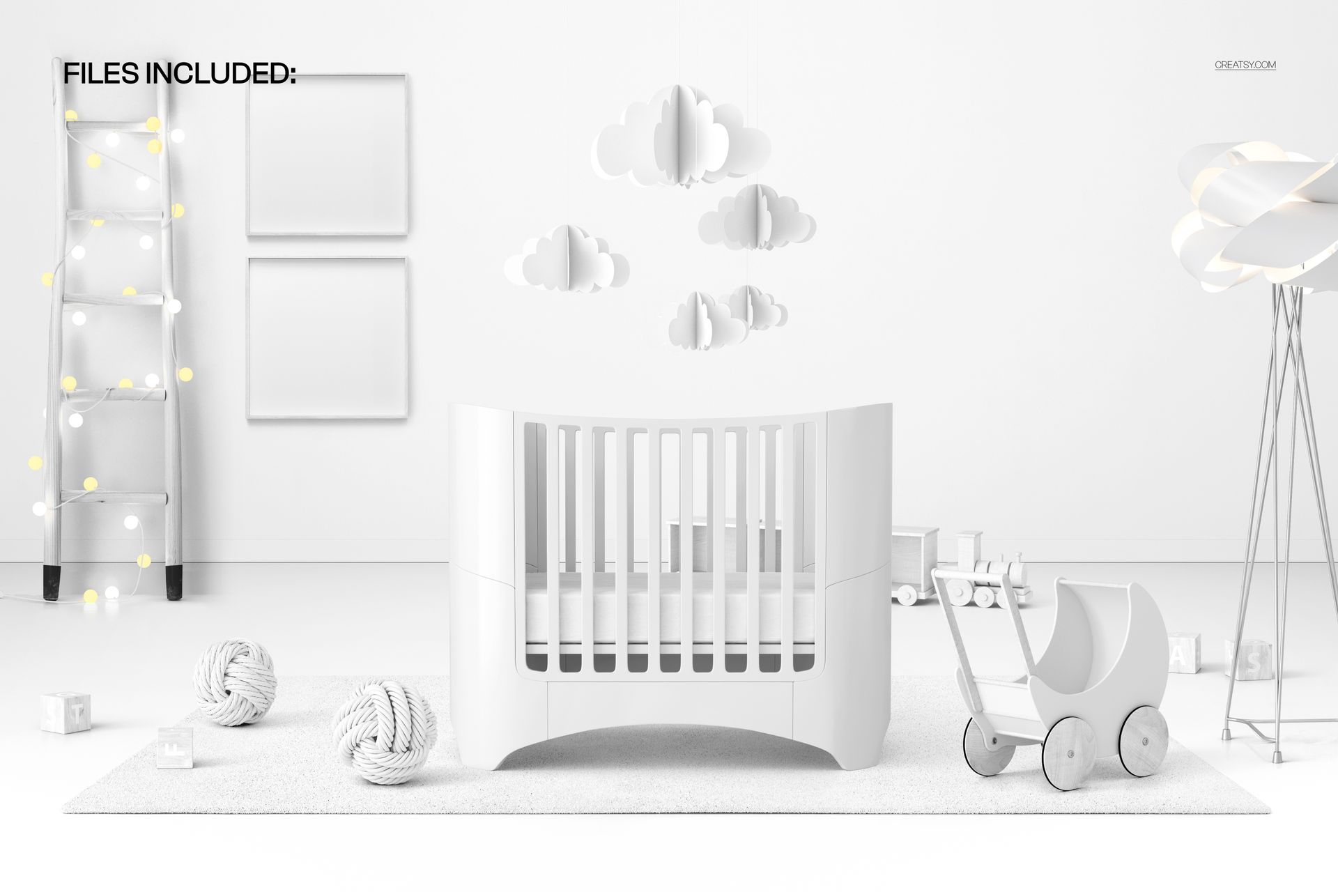 PSD mockup featuring oval baby crib, toy pram, and minimalist nursery decor with clouds and soft textures.