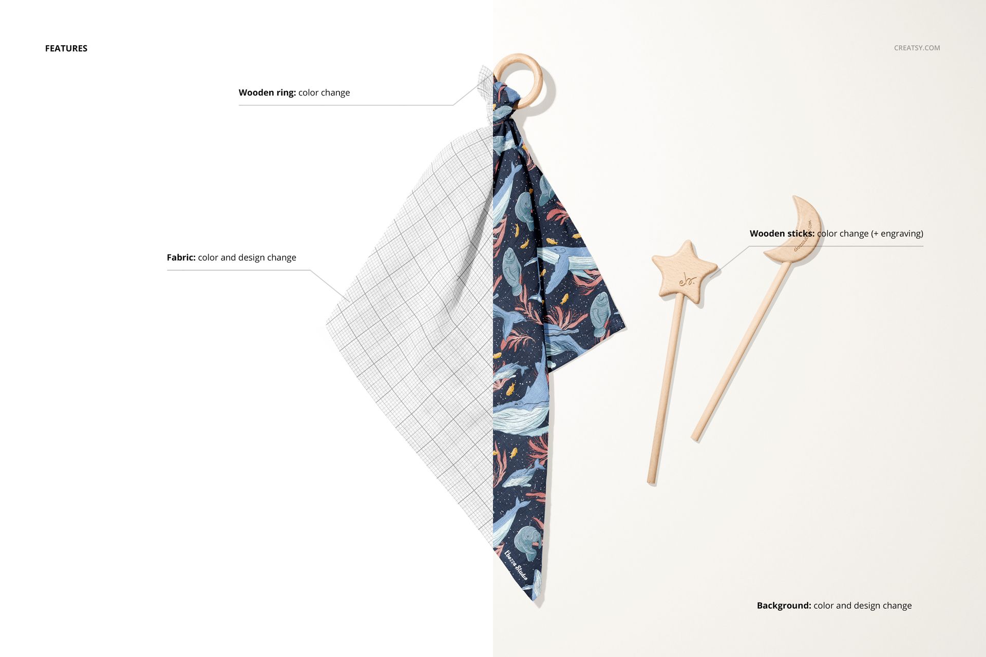 Muslin cloth wooden teether mockup set featuring a patterned and a grid cloth, wooden ring, and star and moon sticks on a light background.