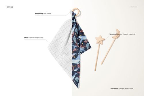 Muslin cloth wooden teether mockup set featuring a patterned and a grid cloth, wooden ring, and star and moon sticks on a light background.