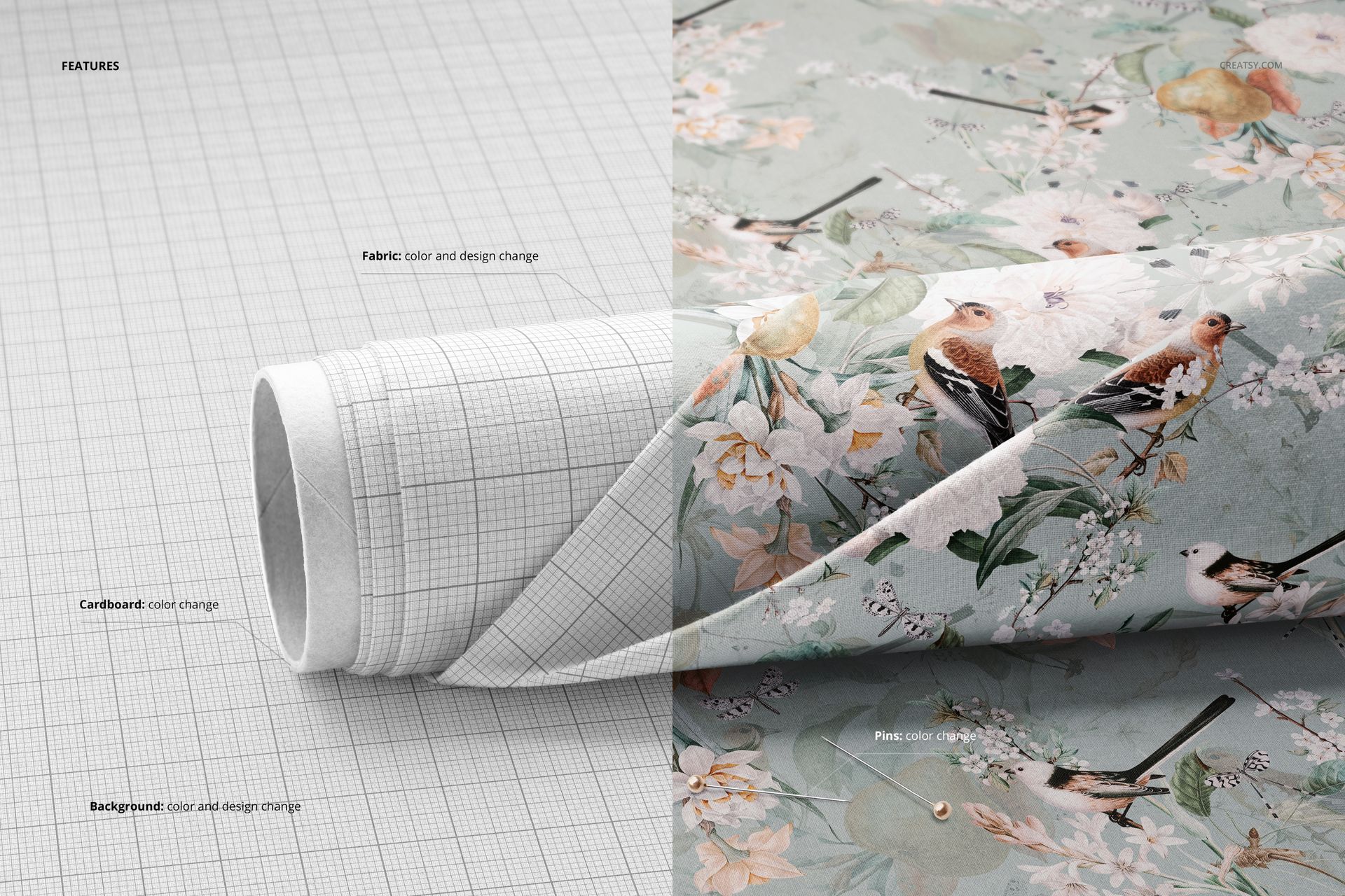 Rolled fabric mockup displayed on a grid background, showing both a blank grid pattern and a floral bird design side by side.