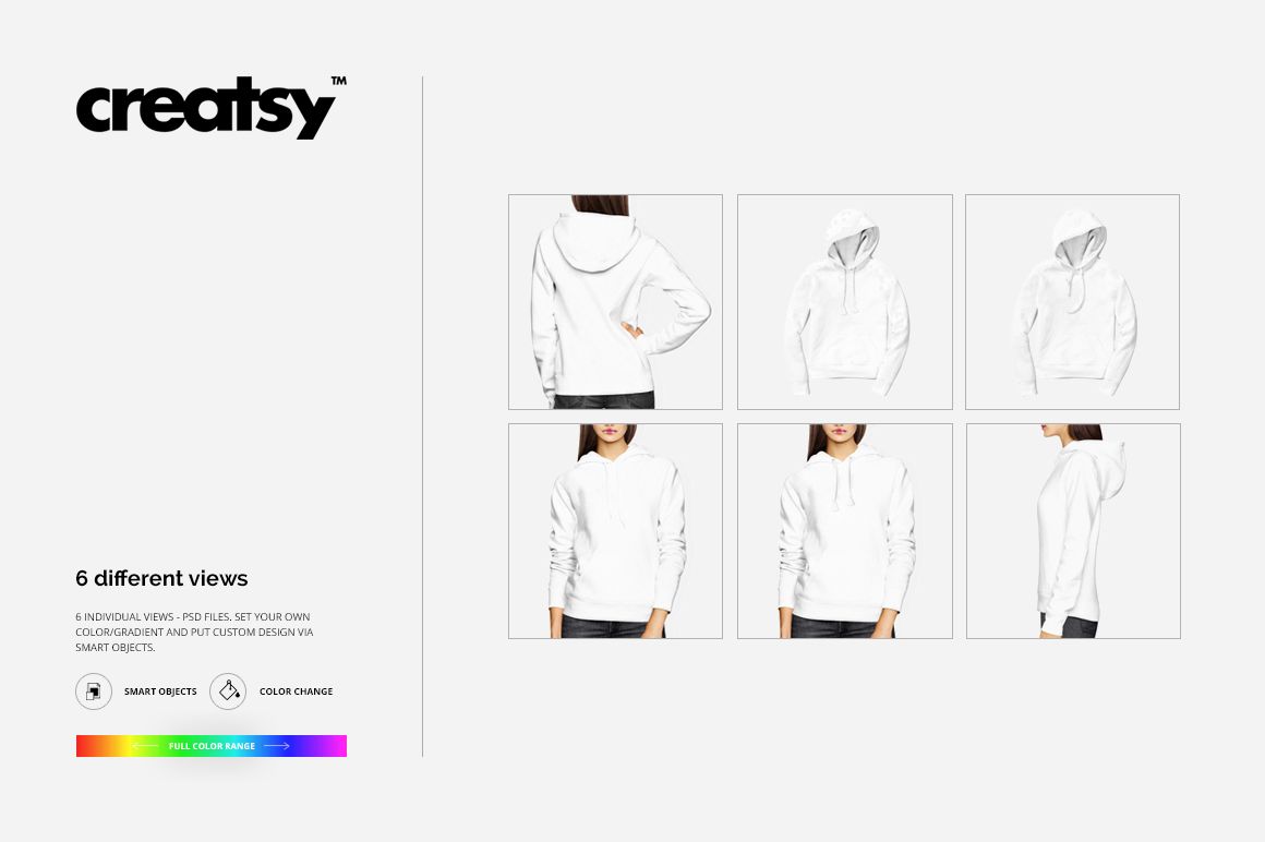 White women’s hoodie mockup shown in six different views on a neutral background, displaying front, back, and side angles.