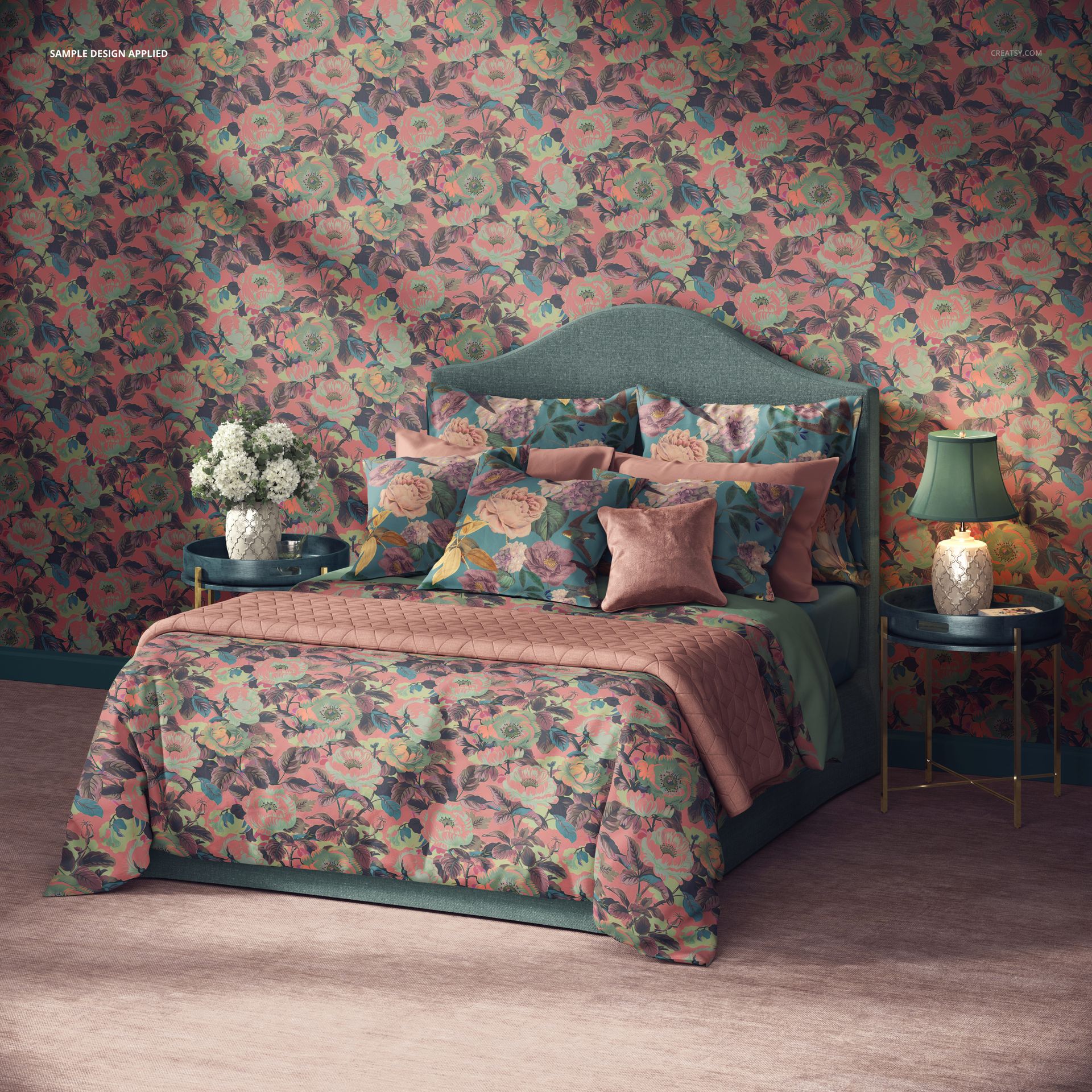 Colonial style bedroom mockup featuring a bed with floral comforter, multiple pillows, and matching wallpaper in a front view.