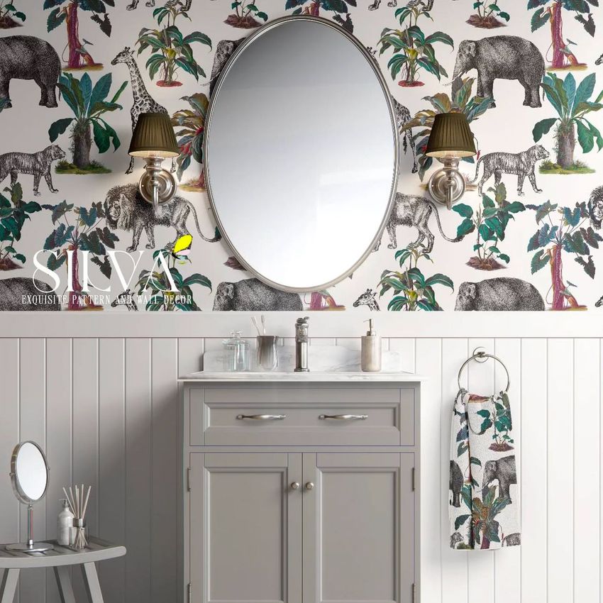 Bathroom cabinet wallpaper mockup showing a gray vanity with marble top, oval mirror, and animal-themed wallpaper in the background.
