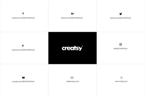 Grid layout featuring Creatsy logo in black center square, surrounded by eight white squares with social media icons and handles.