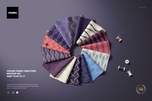 PSD mockup showing multiple fabric swatches in shades of purple, blue, and cream, arranged in a circle with sewing props.