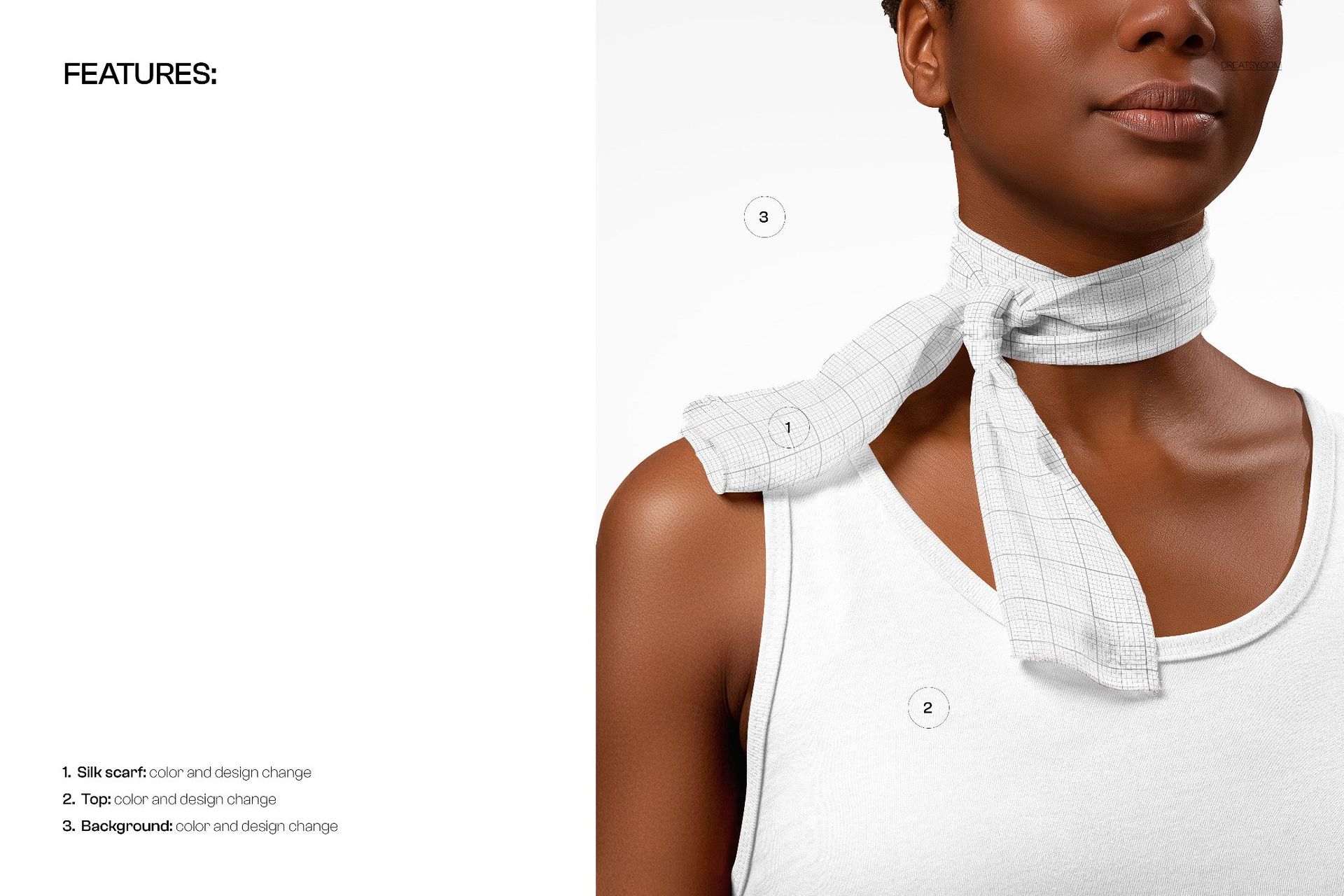 PSD mockup showing a narrow chiffon silk scarf in white with a grid pattern, wrapped around the neck of a person.