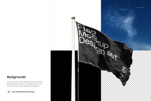 Flag mockup featuring a black flag with geometric lines and white lettering, displayed on a vertical pole.