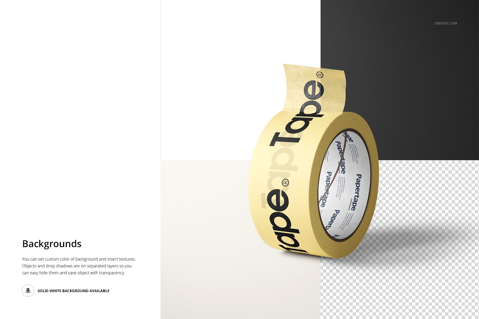 Masking tape mockup featuring a single yellow tape roll with visible branding, displayed on a minimal background.