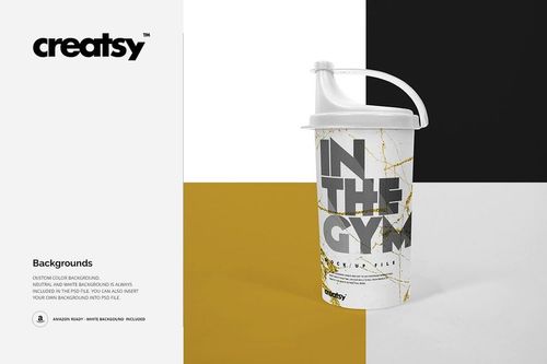Front view of a plastic drink bottle mockup with white top, marble design, and large lettering against color blocks.