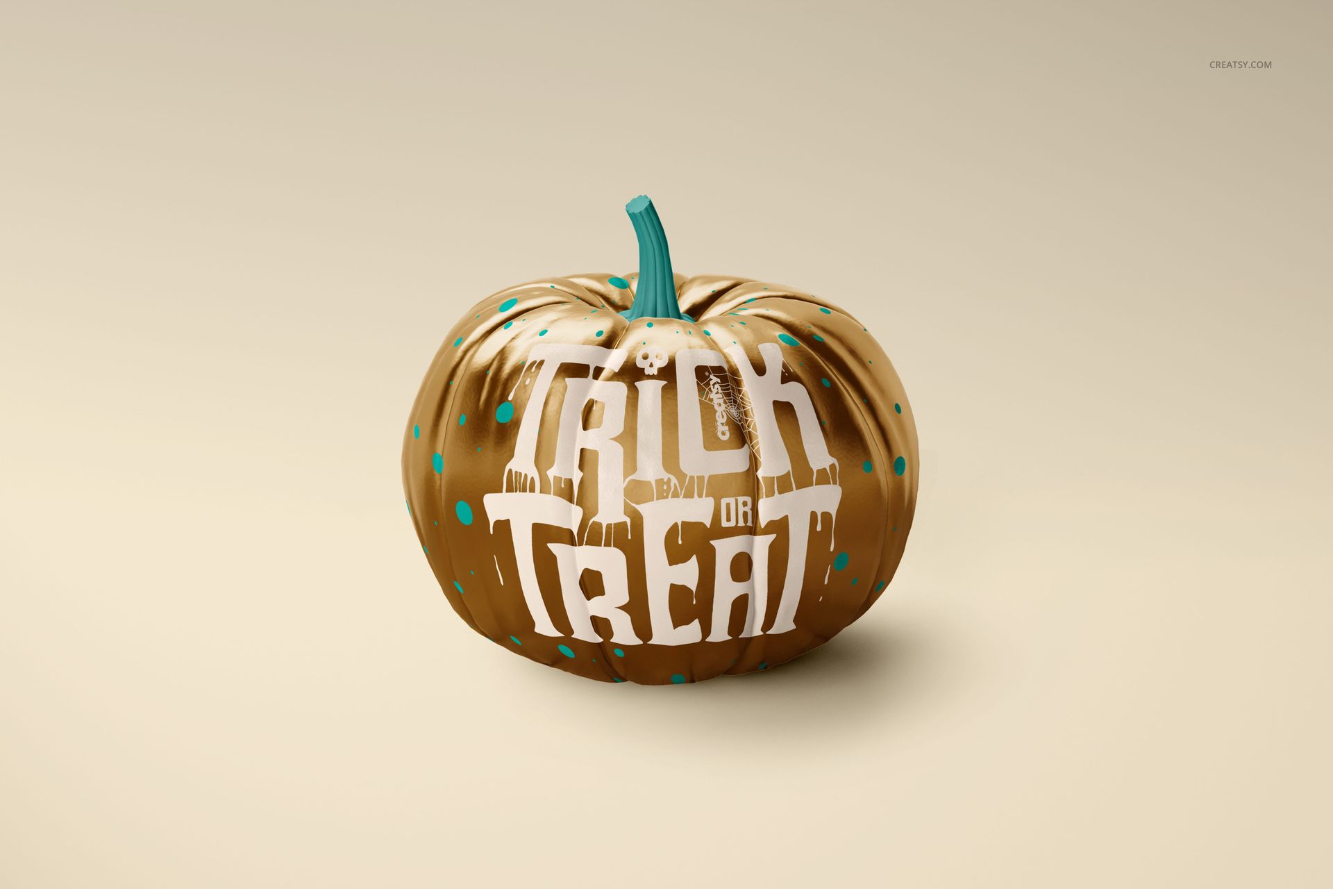 Halloween pumpkin mockup featuring shiny gold color, teal spots and stem, and bold white text in the center.