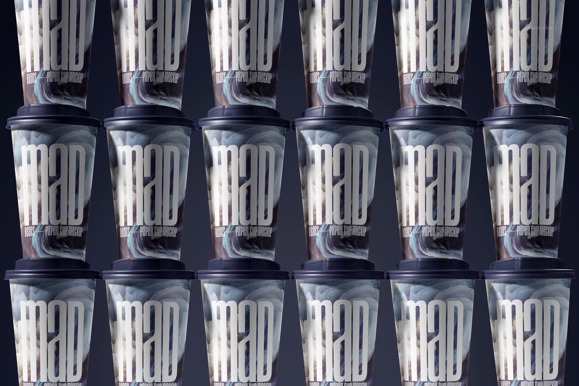 Front view of multiple paper cups arranged in a grid pattern, each with dark abstract designs and black lids.