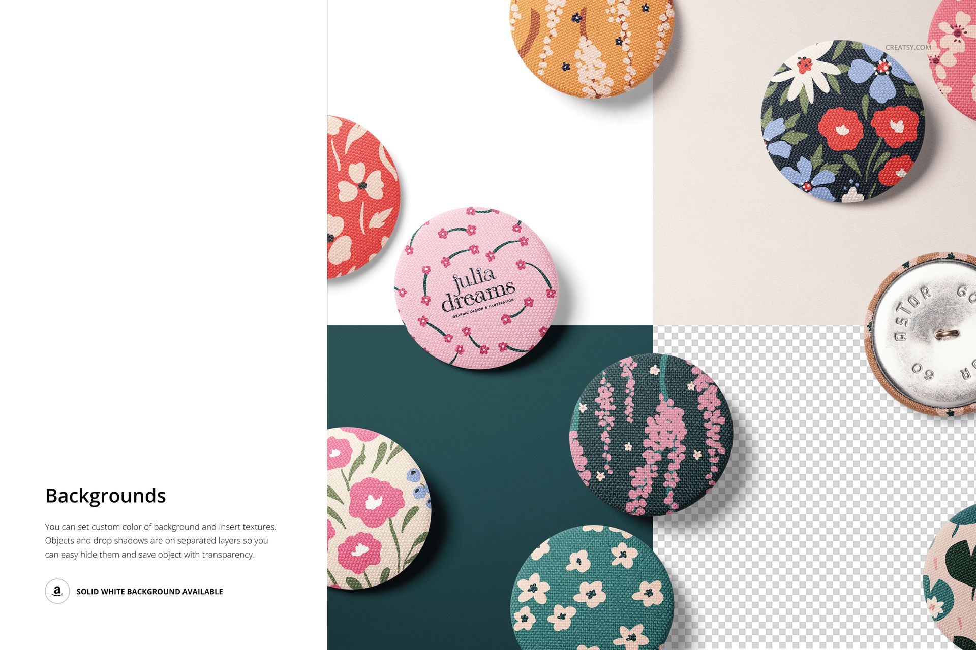 Fabric buttons mockup featuring round buttons with various floral patterns, shown from top and back views on color blocks.