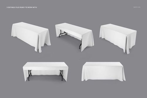 Imprinted tablecloth and runner PSD mockup set featuring different table views with white fabric on gray backdrop.