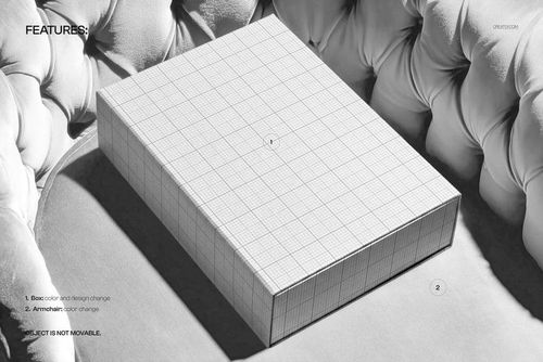 Premium PSD mockup of a magnetic packaging box resting on a soft velvet armchair, viewed from above.