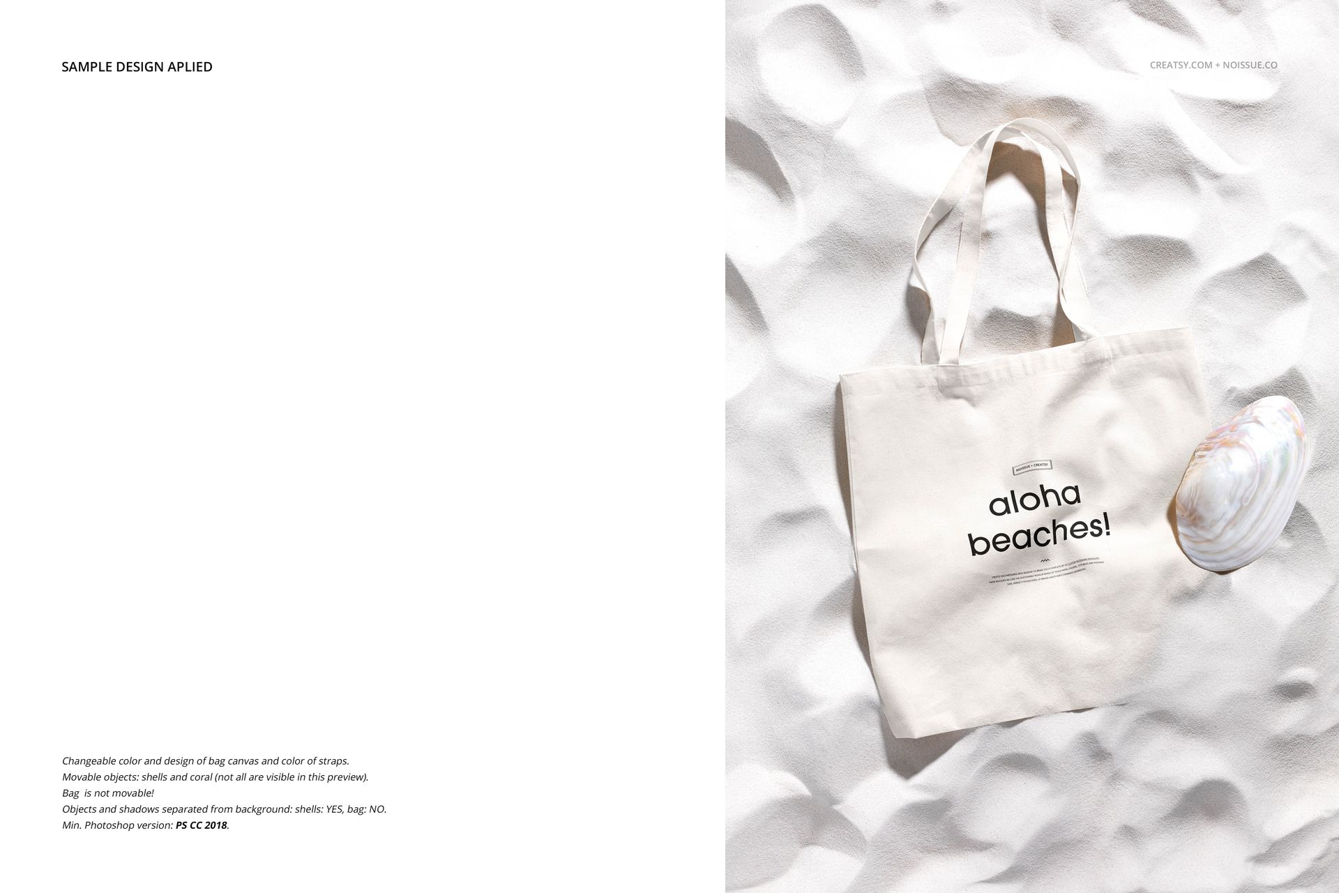 Top view of a beige tote bag mockup with black lettering, placed on white sand next to a large seashell.