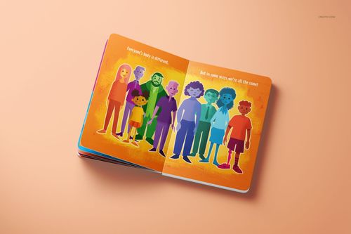 Open board book mockup with colorful illustrated characters on orange pages, shown from a top angle on a peach surface.