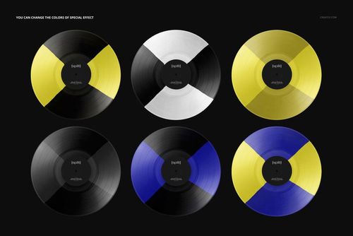 PSD mockup showing six vinyl records with split color designs in black, white, yellow, and blue on a black backdrop.