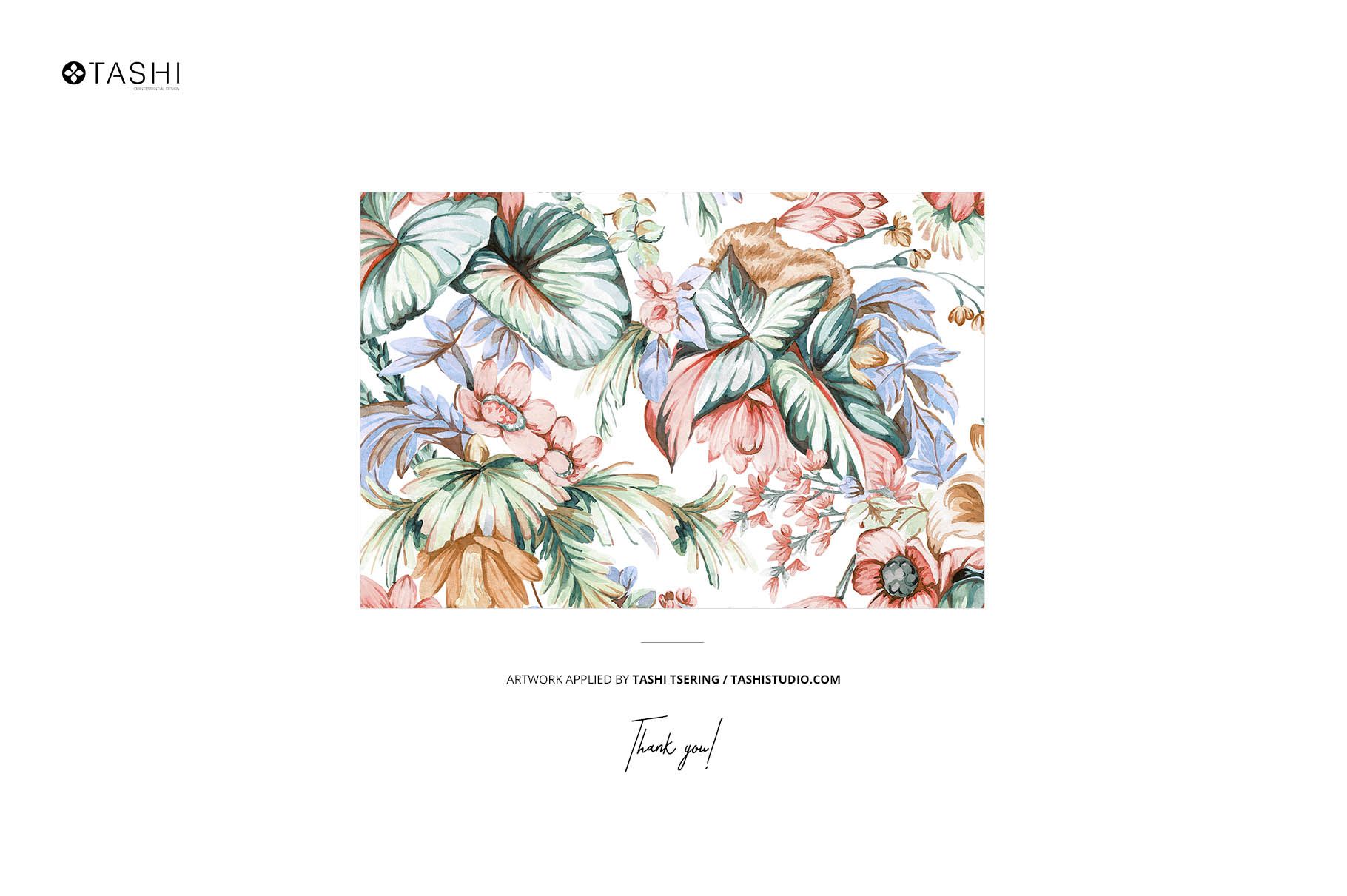 Table runner mockup displaying a floral and leaf design in soft greens, pinks, and oranges against a white backdrop.