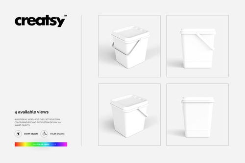 Set of four white paint bucket mockups, each shown in a unique view including front, side, and angled perspectives.