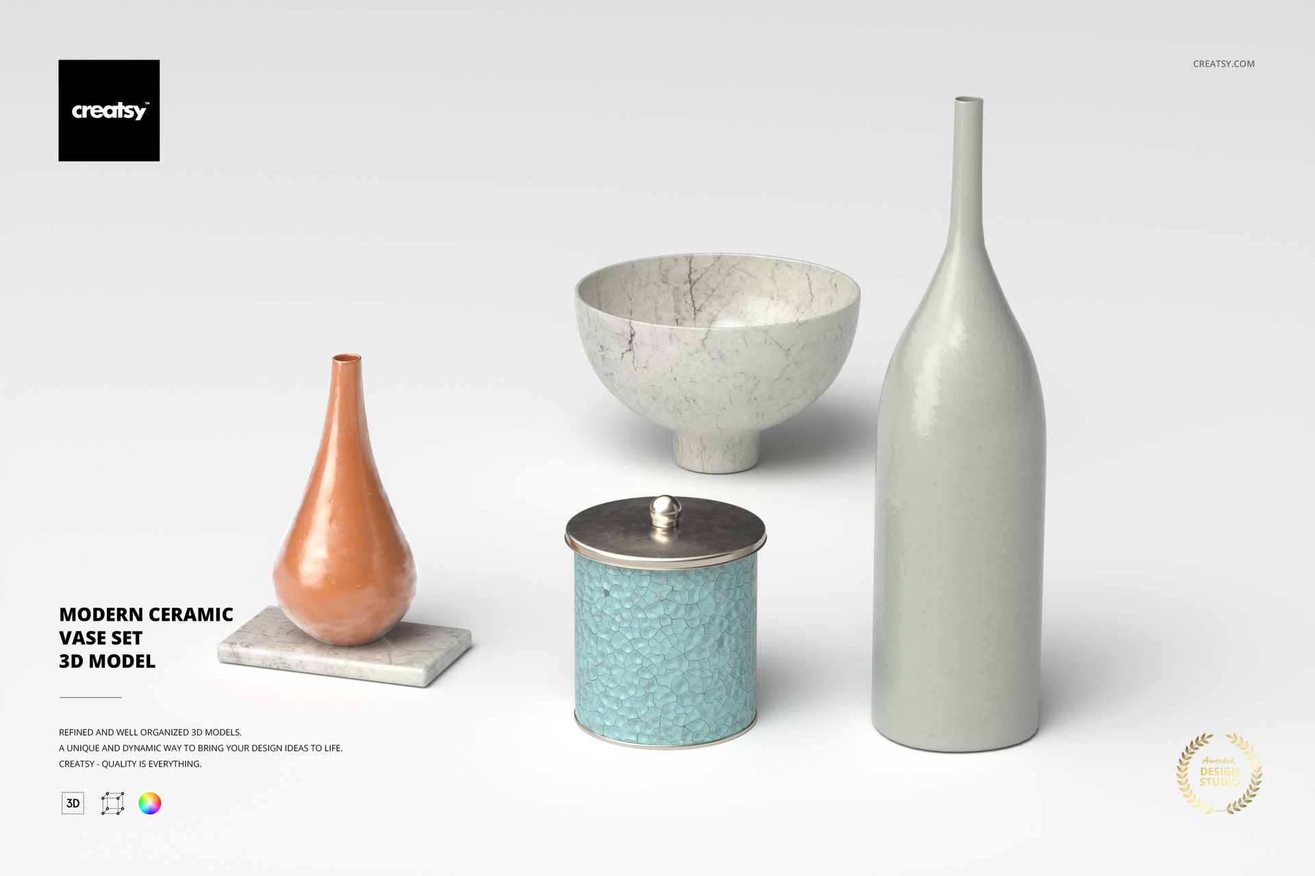 Front view of a modern ceramic vase set featuring four pieces in varied shapes and muted colors on a light surface.