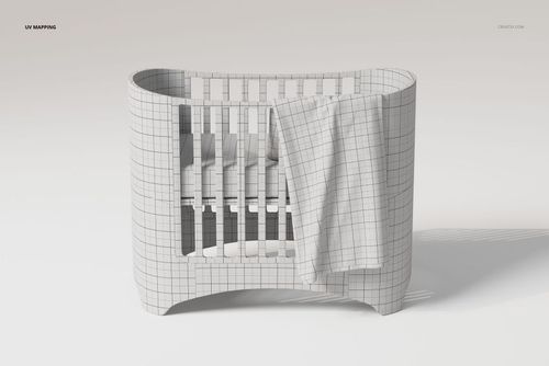 Front view of a 3D model crib with a large baby blanket draped over the side, both featuring a grid texture pattern.