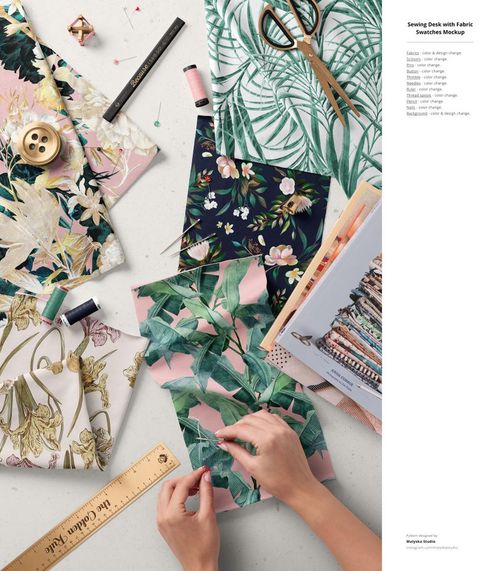 PSD mockup featuring layered jersey fabrics in various floral designs, surrounded by thread, ruler, and sewing accessories.