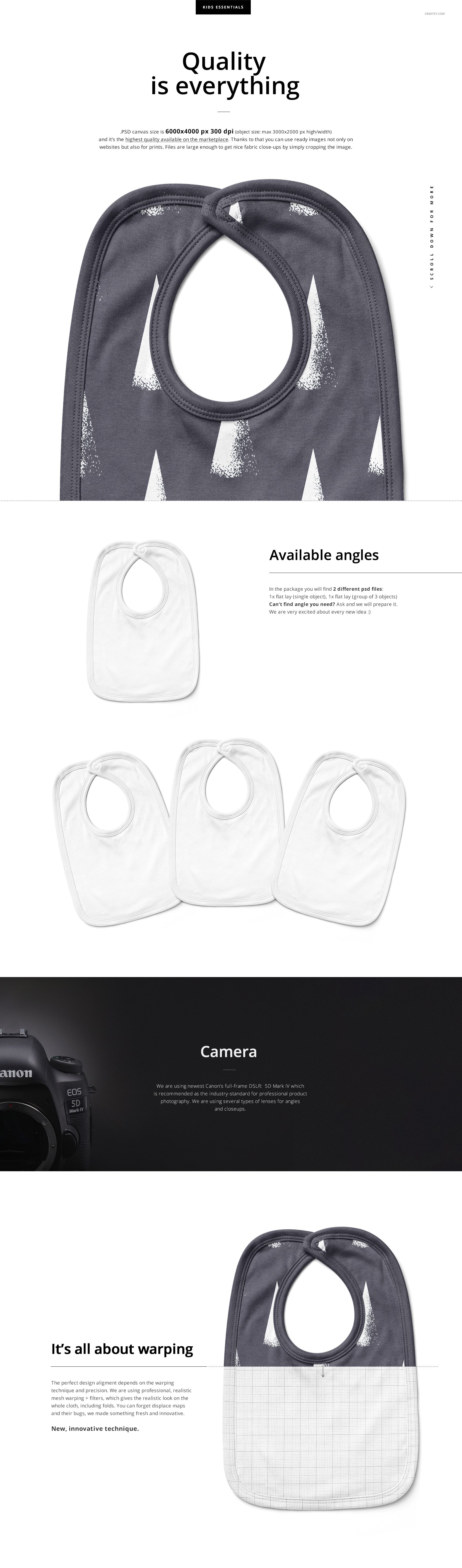 Velcro fastening bibs mockup set showing two baby bibs in front view, one dark and one white, on a plain background.