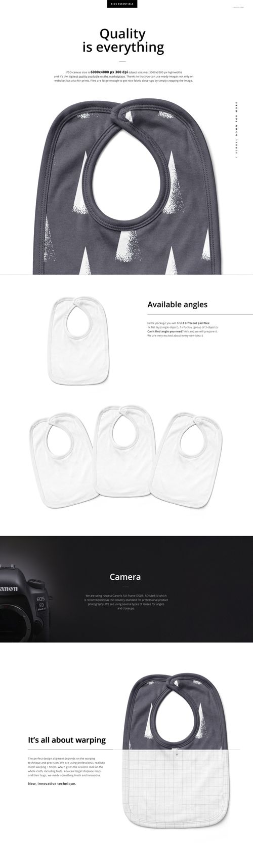 Velcro fastening bibs mockup set showing two baby bibs in front view, one dark and one white, on a plain background.