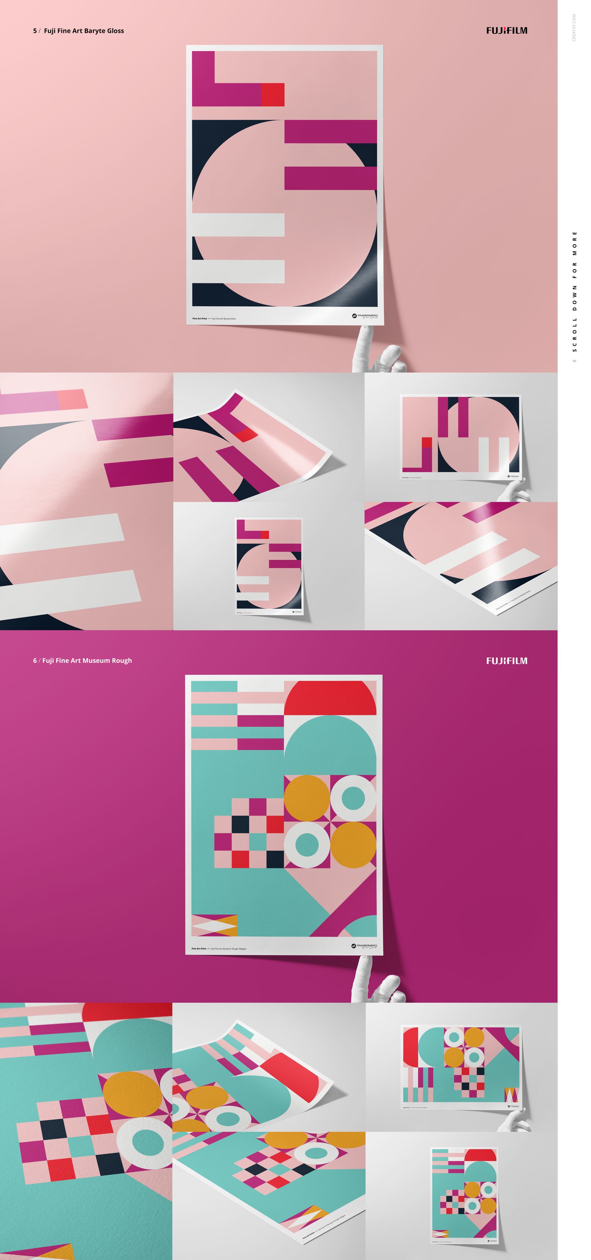 Various fine art print mockups displayed on pink and white backgrounds, featuring geometric abstract designs.