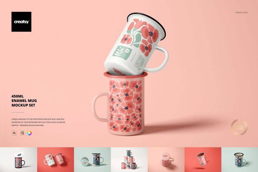 Front view of two 450ml enamel mugs featuring red and pink flower designs, displayed as a PSD mockup on a pastel backdrop.