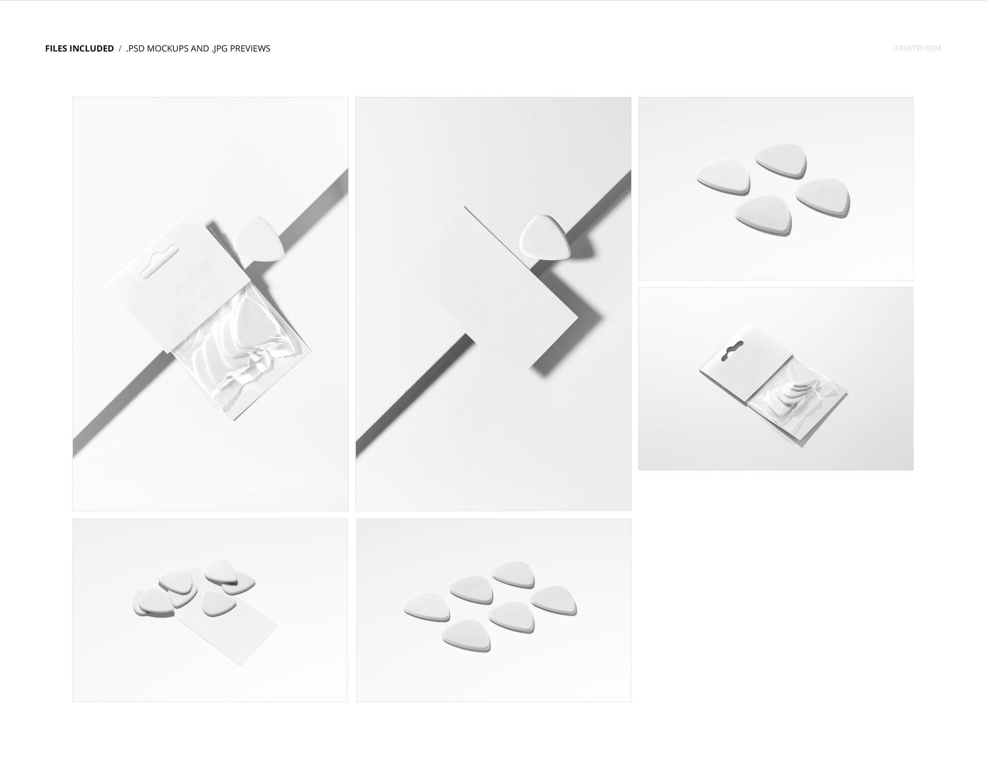 Set of guitar pick packaging mockups showing white picks and minimalist packaging from various angles on a white background.